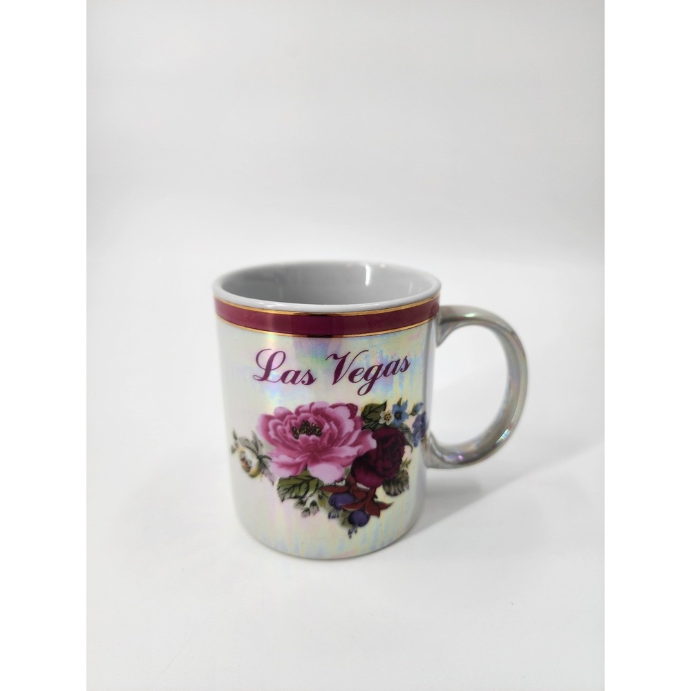 Las Vegas Iridescent Pearlescent Floral‎ Souvenir Coffee Mug Burgundy Gold Trim